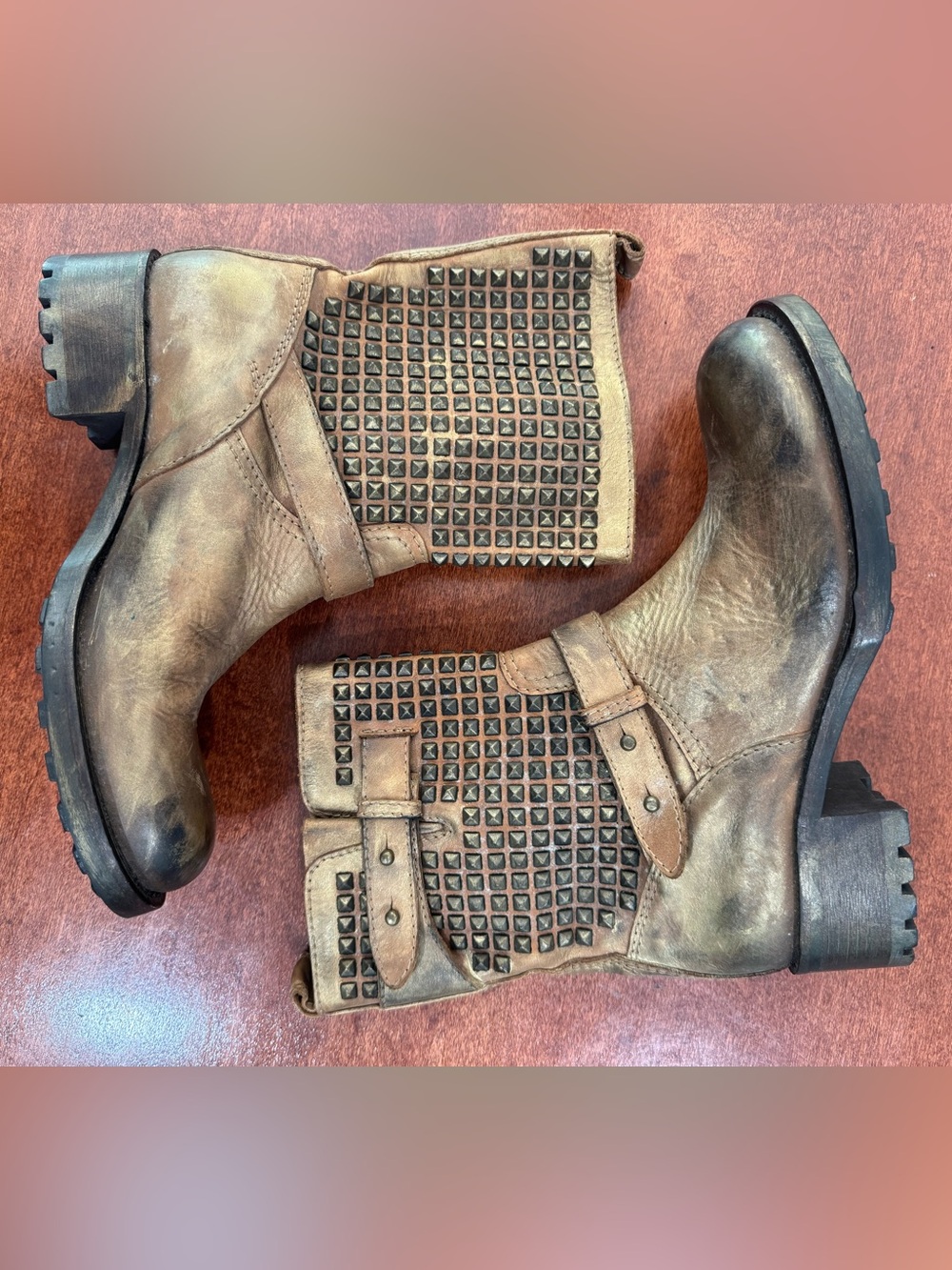 Studded Metallic Rubbed Bronze Leather Ankle/Combat Styled Boots